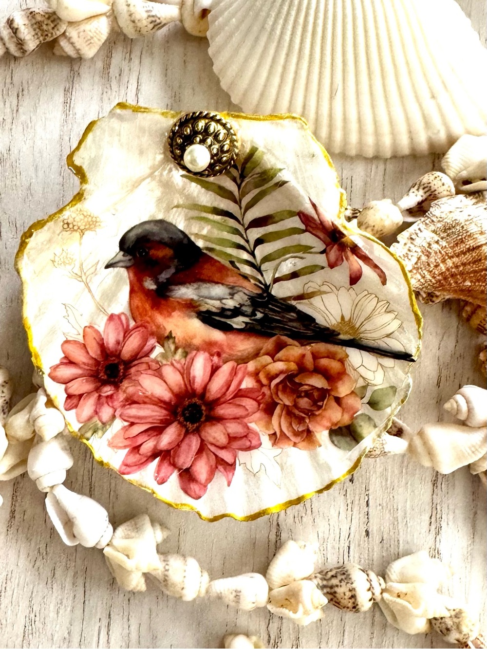 Hand made Shell Magnet or Trinket dish with Bird & Floral Motif 3”